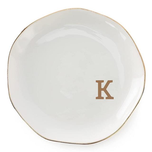 VINCOMIC Initials Ring Dish Jewery Tray with personalized K-Monogrammed Gifts Wedding Engagement for Women Friends sister,Ceramic White