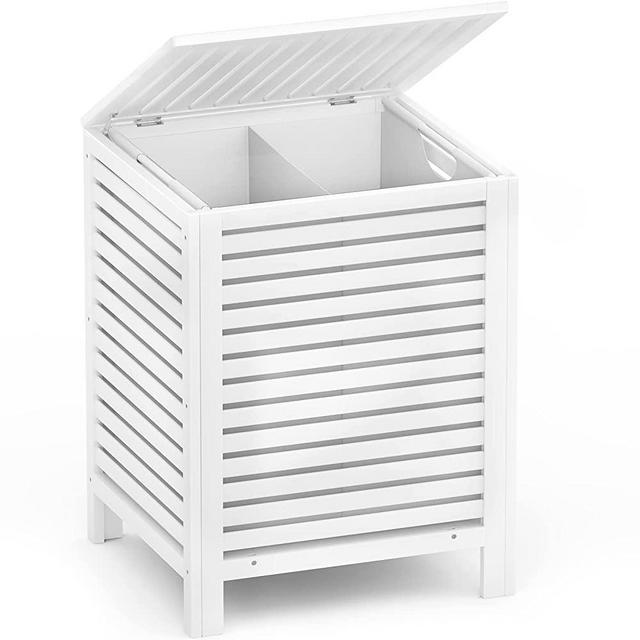 Homykic Bamboo Laundry Hamper, 2-Section 120L Laundry Hamper with Lid and Removable Liner Bag, Large Raised Laundry Basket Sorter for Clothes, Bathroom, Bedroom, Easy to Assemble, White