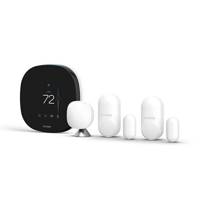 ecobee SmartThermostat with Voice Control , Black & SmartSensor for Doors and Windows 2-Pack, White