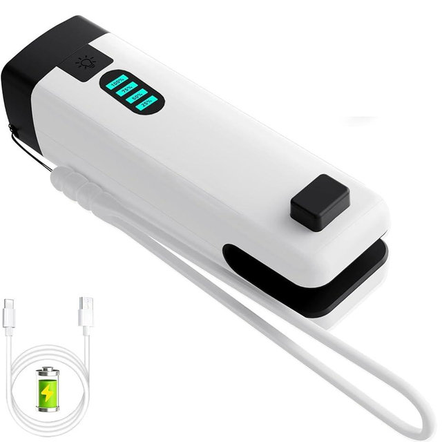 HSLGOVE 3-IN-1 Mini Bag Sealer, Rechargeable Bag Sealer Heat Seal with Cutter, Flash-light and Magnet Mini Bag Resealer Machine for Plastic Bags Snack Bags-Beigewhite