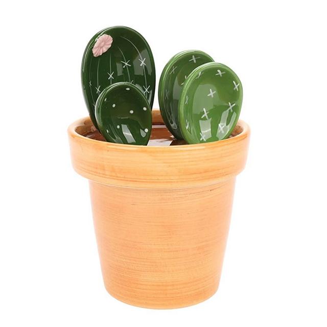 Cactus Measuring Spoons and Cup, Ceramic Cute Small Cacti Measuring Spoons for Baking, Coffee, Salt, Sugar (A2)