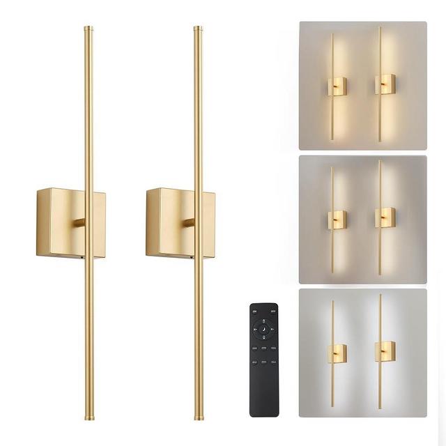 KARTOOSH Removable Battery Operated Wall Sconces with Remote Control, Stepless Colors 3000K-6000K & Dimming, 350°Rotate, LED Gold Wireless Wall Light for Living Room, Bedroom, 28.3 Inch (2 Pack)