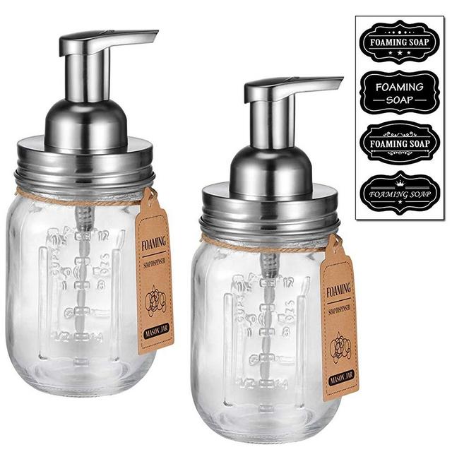 Mason Jar Foaming Soap Dispenser -Rustproof Stainless Steel Lid/BPA Free Foam Pump-Waterproof Chalkboard Labels-Farmhouse Decor Bathroom Accessories,Refillable &Eco Friendly -Brushed Nickel (2 Pack)