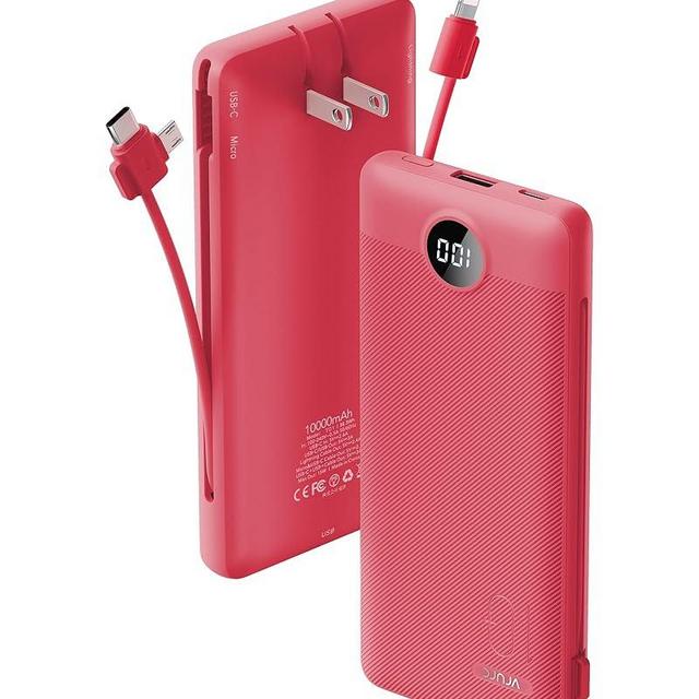 VRURC Portable Charger Built-in Cables and AC Wall Plug, USB C Power Bank 10000mAh, Travel Battery Portable Phone Charger Compact Lightweight External Battery Pack for Smart Phones, Tablets etc-Red