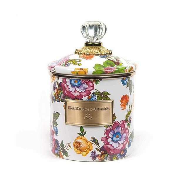 MacKenzie-Childs Flower Market Canister, Sugar, Coffee or Flour Container with Lid, Floral Kitchen Canister, White, Small