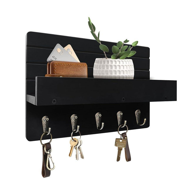 KISENG Key Holder for Wall, House Decor Mail Organizer Wall Mounted with Shelf & 5 Hooks for Hanging Dog Leash, Sunglasses, Hats, Rustic Key Rack Apartment Eseentials Wooden Key Hanger