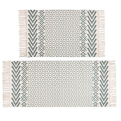 Pauwer Cotton Area Rug Set 2 Piece Washable Printed Cotton Rugs with Tassel Hand Woven Fringe Cotton Rug Runner for Kitchen, Living Room, Bedroom, Laundry Room, Entryway