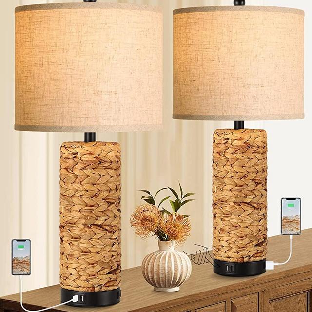 Set of 2 Rustic Touch Table Lamps for Bedroom 3 Way Dimmable Modern Farmhouse Nightstand Lamps for Living Room Coastal Sea Grass Bedside Lamps with 2 USB Ports and 1 AC Outlet,2700K LED Bulbs Included