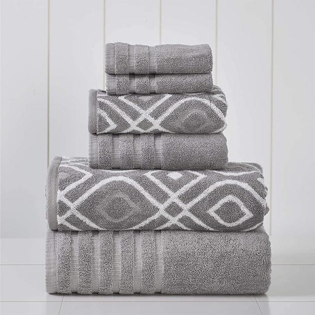 Amrapur Overseas 6-Piece Yarn Dyed Oxford Stripe Jacquard/Solid Ultra Soft 500GSM 100% Combed Cotton Towel Set [Ash Grey]
