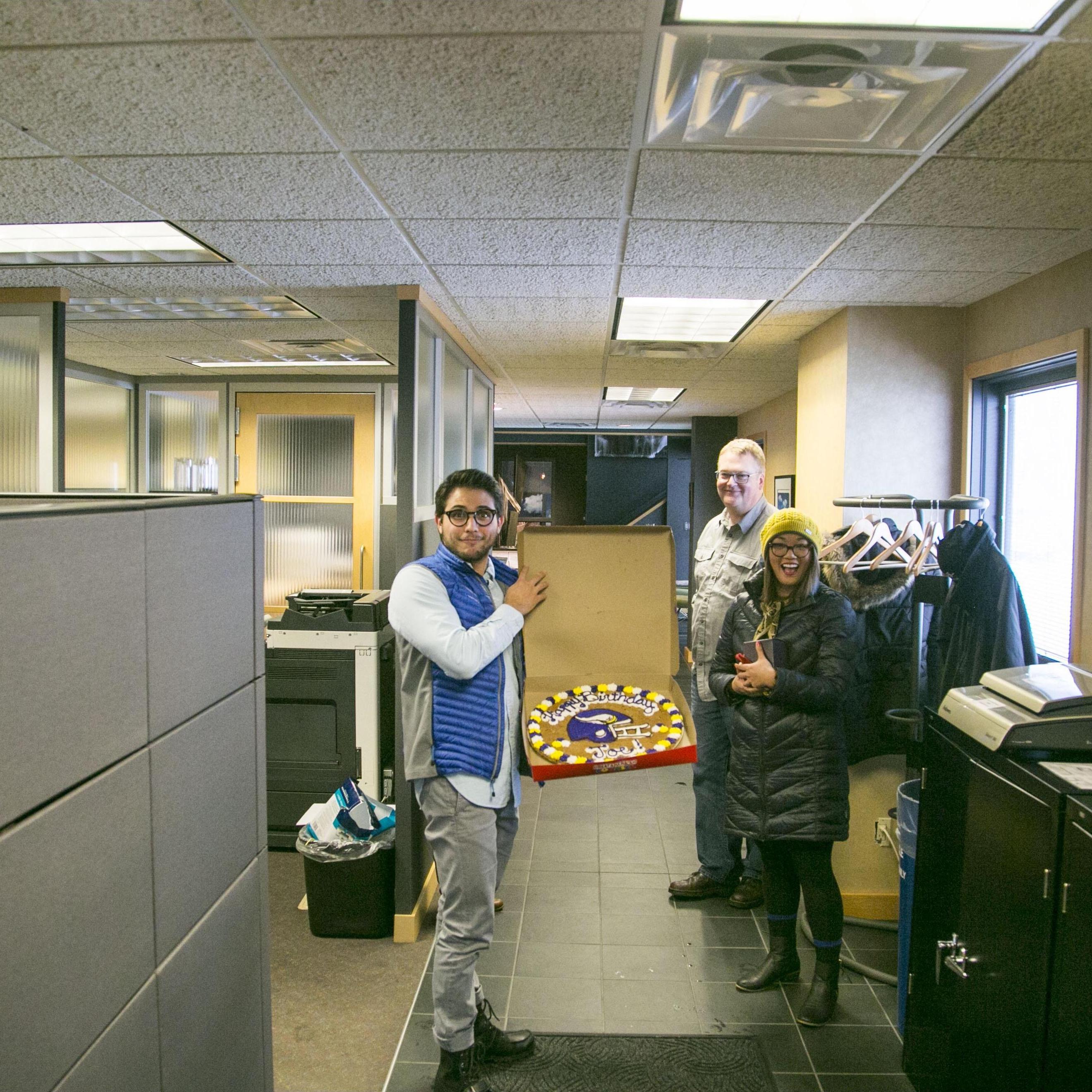 First time to surprise Joe on his birthday in 2015 at L&S. Photo by Michael Mazourek. Determined to drive in blizzard & life-threatening conditions from Verm to SF with delish All American Cookie