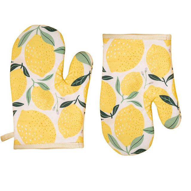 Portia & Bloom High Heat Resistant Oven Mitts 2pc Set (500°F) | Premium Kitchen Oven Glove with Potholder Surface for Cooking and Baking, Citrus Lemon, 860011253181