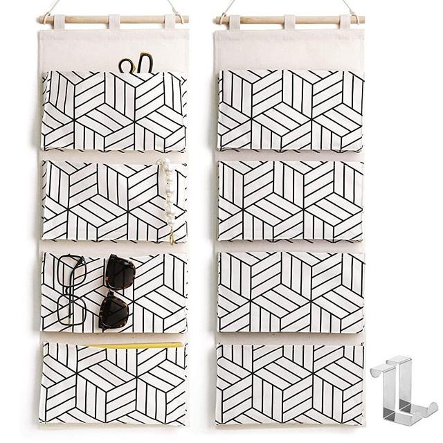 2 Packs Hanging Storage Bags Door Wall Mount Organizer - 4 Big Pockets Linen Cotton Fabric Multi Functional Living Room Closet Bedroom Bathroom File Magazine Waterproof Free Hooks White