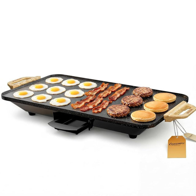 SENSCHEF CookSimple Everyday 20x12 Inch Electric Griddle with 1700W Fast Even Heating&ILAG Granite Nonstick Surface – Large Flat Griddle Perfect for Family Meals, Pancakes–Easy to Clean, Granite Black