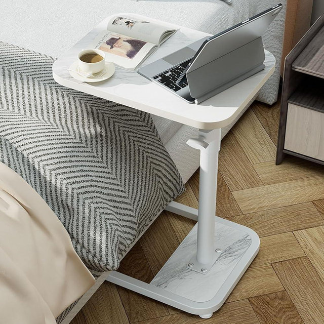 GOYLSER C Shaped Tv Trays Living Room End Table End Stand, White Marble Minimalist Wooden C Table for Sofa, Height Adjustable Tv Tray Tables Side Table for Dinner Eating