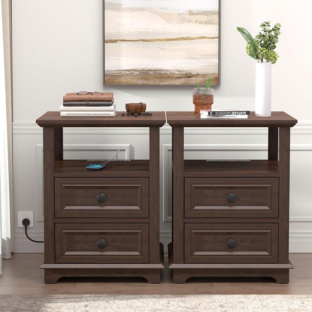 REDAYFUR 24” Tall End Table with Fast Charging Station Set of 2, 18” Wide Sofa Side Table with Drawers,End Table with Drawers for Living Room,Cherry