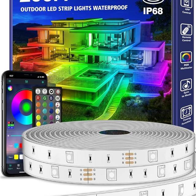 200ft Outdoor LED Strip Lights Waterproof 1 Roll,IP68 Outside Led Light Strips Waterproof with App and Remote,Music Sync RGB Exterior Led Rope Lights with Self Adhesive Back for Deck,Balcony,Pool