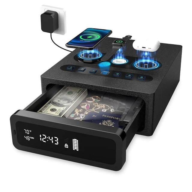 Biometric Smart Gun Safe with Wireless Charging, 3-in-1 Quick-Access Handgun Safe with Fingerprint & Backlit Keypad, Bedside Drawer Security Safe with Security Cable Hole & LED Light & Digital Display