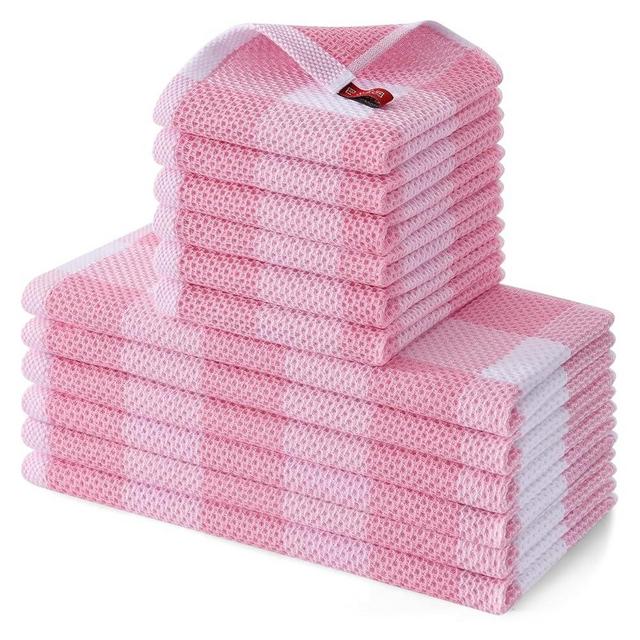 Homaxy Kitchen Towels and Dishcloths Set, 12 x 12 and 13 x 28 Inches, Set of 12 100% Cotton Waffle Weave Check Plaid Kitchen Dish Towels, Super Soft and Absorbent Dish Cloths, White & Pink