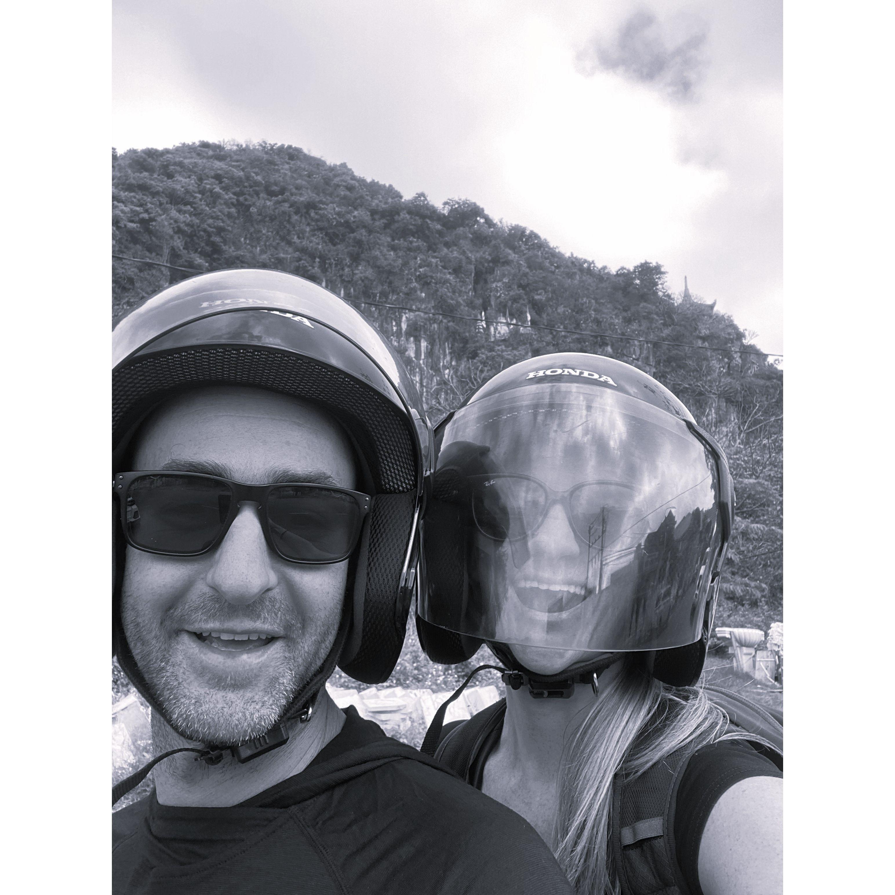 Riding motorcycles in Hue, Vietnam