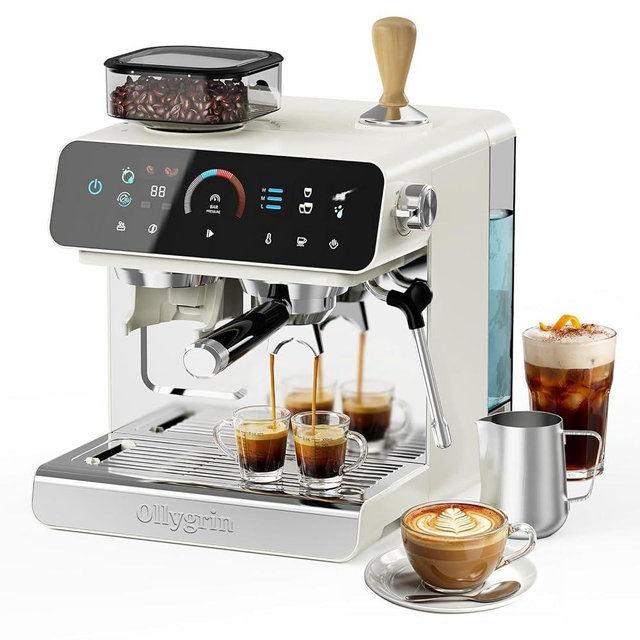 Ollygrin Semi-Automatic Espresso Machine with Grinder, 2-in-1 Coffee Machiner with Milk Frother, 20 Bar Pressure Coffee Maker, Removable Water Tank & Bean Hopper, Expresso Machine for Home Barista