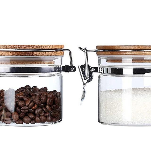 Clear Borosilicate Glass Canisters Wtih Airtight Lids Air Tight Dry Food Storage Jars Canisters For The Kitchen Glass Jars Bamboo Clamp Lids Sugar Salt Tea Jars Weed Container 16 Floz 2-Piece Set