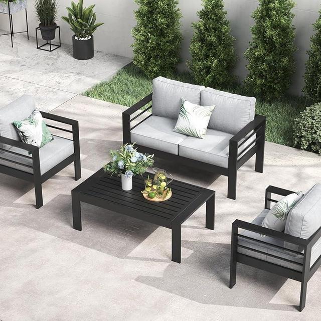 LayinSun Outdoor Aluminum Furniture Set, 4 Pieces Patio Sectional Conversation Chat Sofa Modern Seating Set with Coffee Table