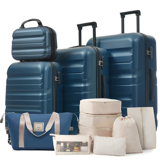 Polibi Luggage Set 12 Piece, 2 Carry-On Suitcase and 2 Check-In Suitcase, 8 Pieces Packing Bags, Inky Blue
