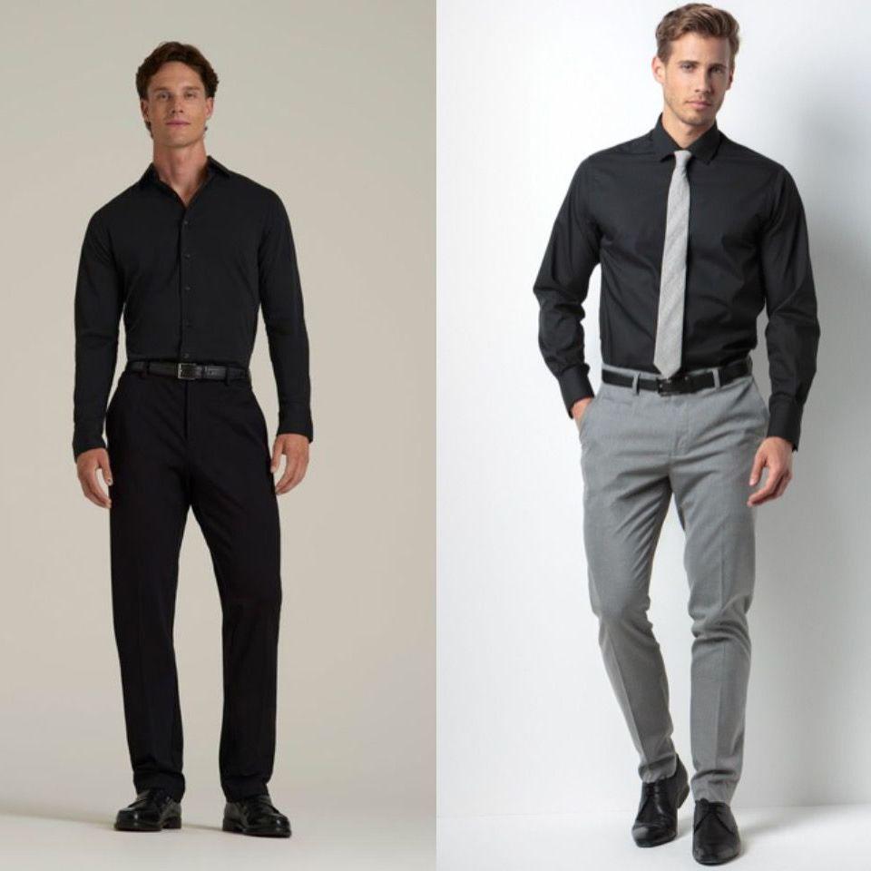 EN: Button up with dress pants, dress shoes, & tie is also ok.
ES: Como alternativa, una camisa de botones con corbata y pantalón de vestir también será apropiada.