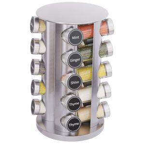 New England Stories Revolving Spice Rack Set with 20 Spice Jars, Kitchen Spice Tower Organizer for Countertop or Cabinet - Carousel Storage Includes 386 Spice Labels (Silver)