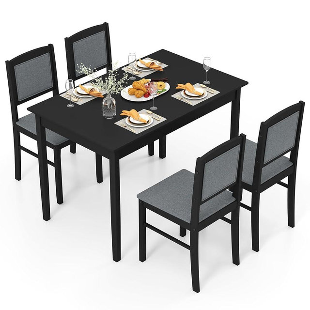 Giantex 5-Piece Dining Table Set for 4 - Breakfast Nook Table Set with Kitchen Table, 4 Upholstered Chairs, Wood Legs, Space-Saving Dinette Set, Kitchen Table Chairs Set of 4 (Black+Grey)