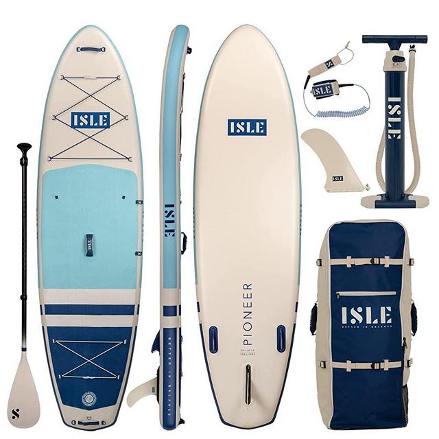 ISLE Pioneer Inflatable Stand Up Paddle Board & iSUP Bundle Accessory Pack — Durable, Lightweight with Stable Wide Stance — 285 lbs Capacity, 10'6" Long x 34" Wide x 6" Thick