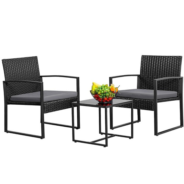 Greesum 3 Piece Wicker Conversation Bistro Sets Outdoor Patio Set Modern Rattan Chair Furniture Sets with Coffee Table for Yard Garden Porch Lawn (Grey)