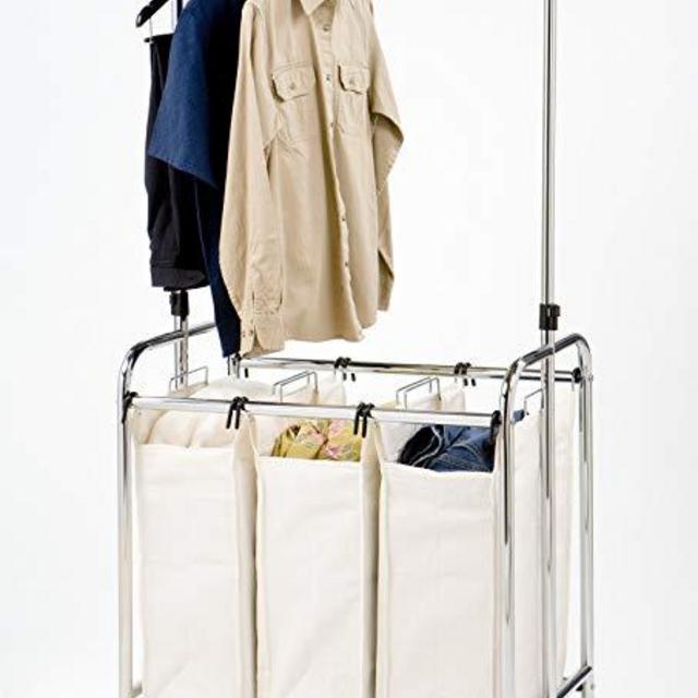 Seville Classics Mobile 3-Bag Heavy-Duty Laundry Hamper Sorter with Clothes Rack Cart, Chrome