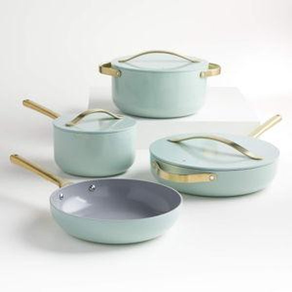 Caraway Home 12-Piece Cream Silt Green Non-Stick Cookware Set + Reviews | Crate & Barrel