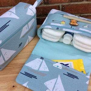 Sailing boats diaper clutch, new and larger diaper bag, spa blue baby bag with clear zipper pouch, baby shower gift for new parents