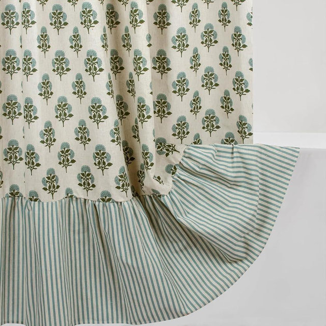 Besaomeom Linen Textured Ruffle Shower Curtain 72x72 Inch – Vintage Floral Block Print in Blue and Green, French Country Farmhouse Bathroom Decor Set