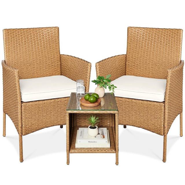 Best Choice Products 3-Piece Outdoor Wicker Conversation Bistro Set, Space Saving Patio Furniture for Yard, Garden w/ 2 Chairs, 2 Cushions, Side Storage Table - Natural/Ivory