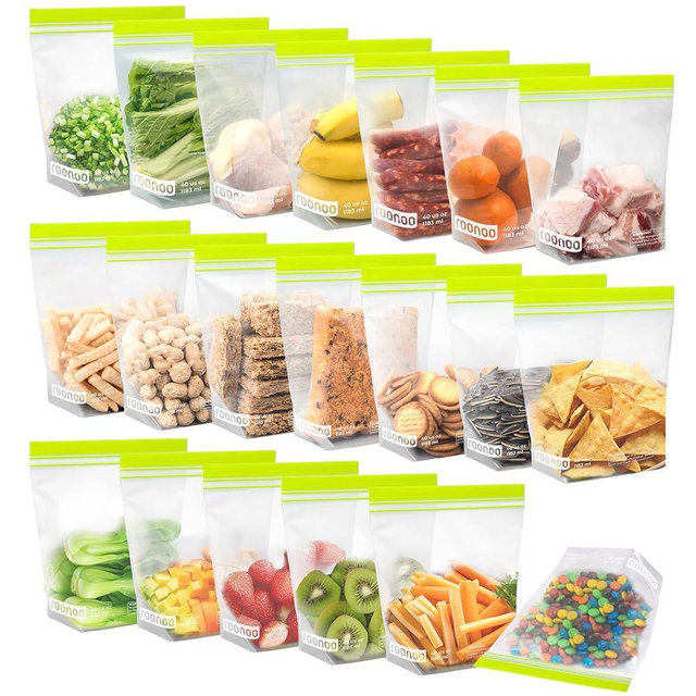 roonoo 20 Pack Reusable Quart Sandwich Bags, Dishwasher Safe BPA Free Food Storage Bags, Extra Thick Leakproof Plastic Ziplock Bags for Meal Prep Fruits Sandwich Snack