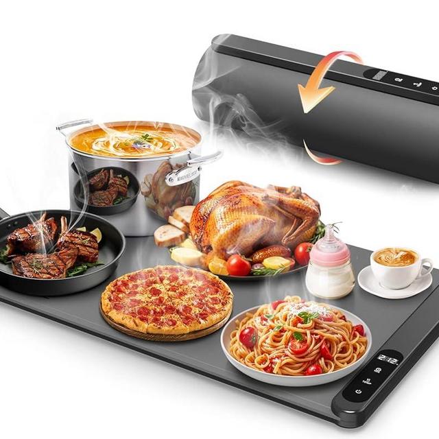 Upgrade-Electric Warming Tray, Food Warming Mat with 6 Level Temperature Settings & 6 Hours Timer, Graphene Full Surface Rapid Heating, Auto Shut-Off, Roll Up Food Warmers for Parties, Gatherings