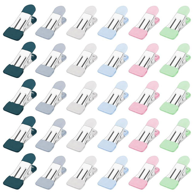 Clothes Pins Chip Clips Heavy Duty Outdoor 30 Pack, 2.17 inch Clothespins with PVC-Coated Protect Fabric, Stainless Steel Colored Bag Clips for Food, Clothes, Socks, Towel, Curtains