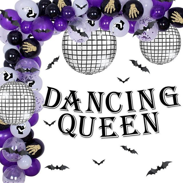 Purple Balck Wednesday Dancing Queen Party Decorations for 17th Birthday 21st, School Prom, Disco Wednesday Balloon Arch Backdrop for Halloween Gothic Birthday Dancing Bachelorette Decor Kit