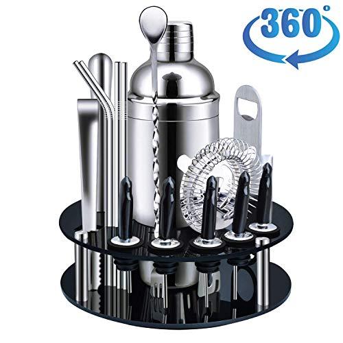 X-cosrack Bar Set,18-Piece Stainless Steel Cocktail Shaker Bar Tools,with Rotating Display Stand and Recipes Booklet,Premium Bartending Kit for Home,Bars,Traveling and Outdoor Parties