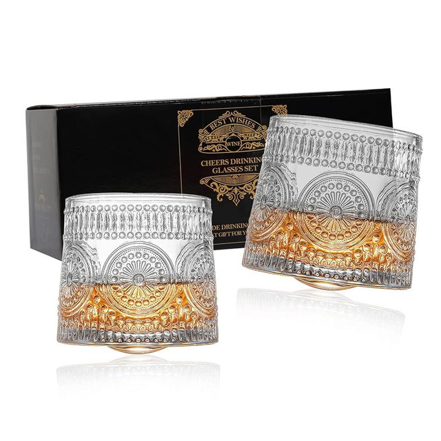 Whiskey Glasses set of 2, 9 Oz Crystal Rotating Whisky Tumblers, gift box for Bourbon & Scoth & Vodka, whiskey drinks etc