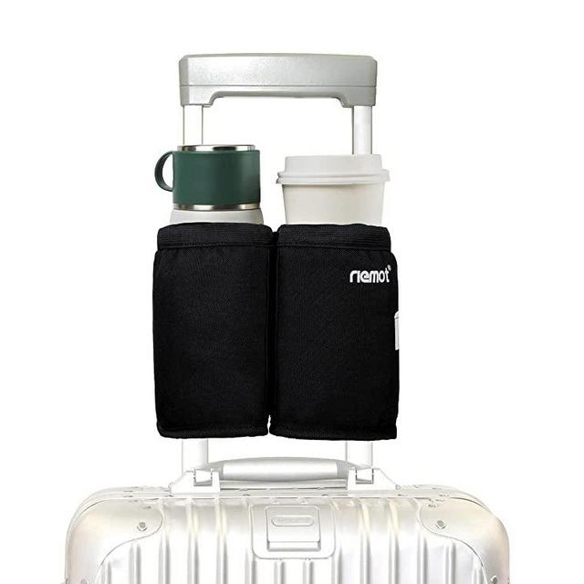 riemot Luggage Travel Cup Holder Free Hand Drink Caddy - Hold Two Coffee Mugs - Fits Roll on Suitcase Handles - Gifts for Flight Attendants Travelers Accessories Black 2