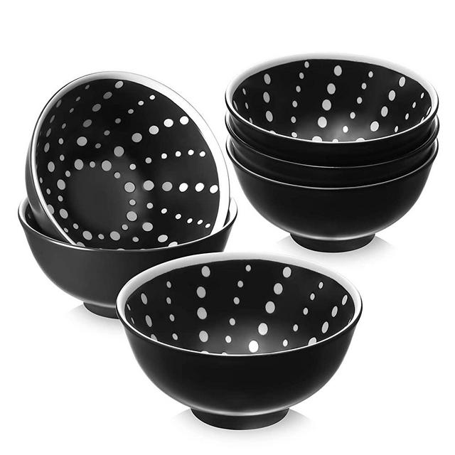 ZONESUM Small Black Bowls, 10 oz Ceramic Dessert Bowls Set of 6, Porcelain Rice Bowl Set Microwave Safe - Portion Control Size for Snack, Rice, Ice Cream, Dessert, Black with Cute Polka-Dot