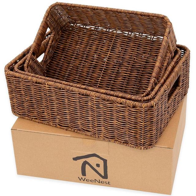 WeeNest Baskets for Organizing, Storage Basket, Wicker Baskets, Undershelf Storage Basket, Baskets for Closet Organization, Rectangular Basket, Resin Wicker Set of 3, Toffee