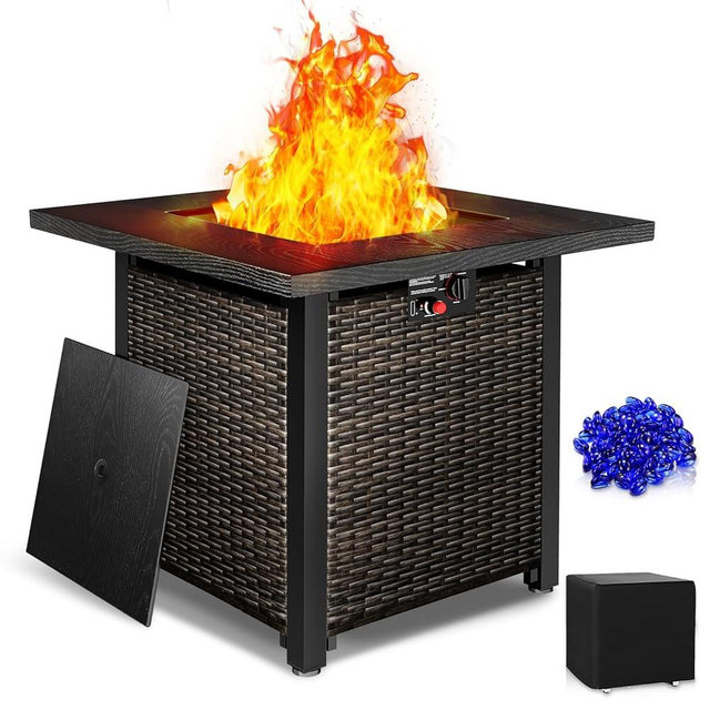 ZAFRO 28” Outdoor Fire Pit Table 50,000 BTU, 2-in-1 Rattan Propane Firepit Table with Glass Stones & Lid, Square Fire Table for Patio, Backyard, Deck, or Garden, Black