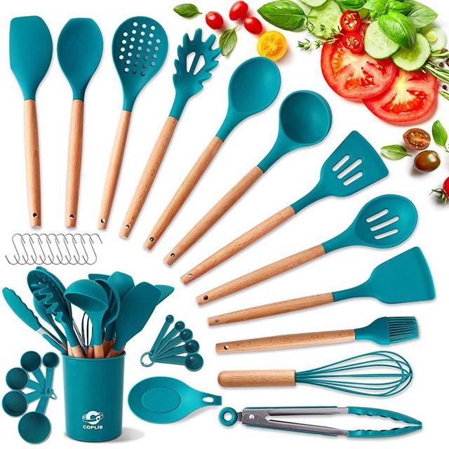 COPLIB Silicone Cooking Utensils Set, 34pcs Kitchen Utensil Set with Holder, Non-stick Cookware, Heat Resistant Kitchen Gadgets Utensil Gift,Blue