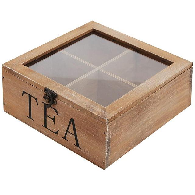 MyGift Rustic Wood Tea Bag Storage Chest, Multipurpose Organization Display Box with Clear Lid, Brown