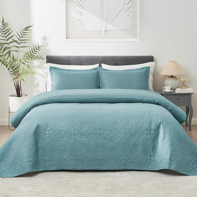 Hansleep Quilt Set Ultrasonic Lightweight Bed Decor Coverlet Set Comforter Bedding Cover Bedspread for All Season Use (Spa Blue Baroque, Full/Queen 90x96 inches)